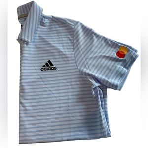 Adidas Men’s Stripe Polo Golf Shirt Light Blue and White Medium Mastercard Logo